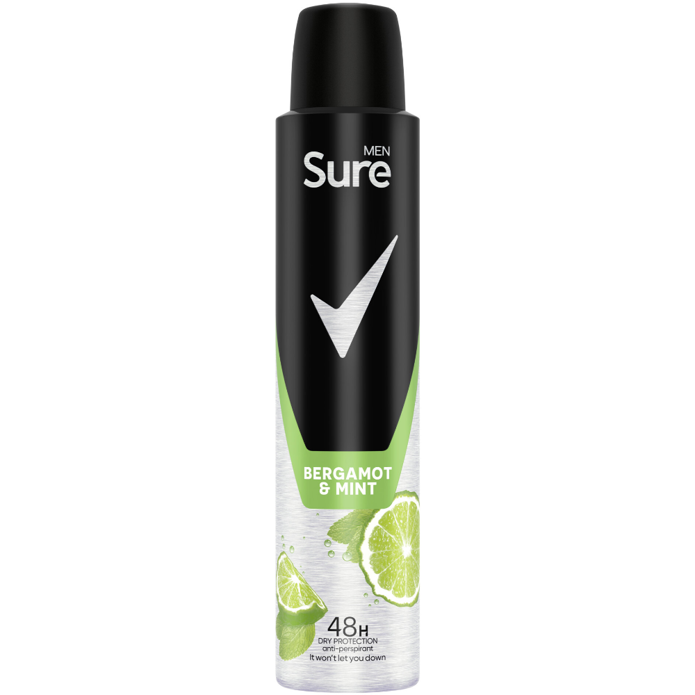 SURE0054.png Sure Men Essential Protection 48h Bergamot & Mint Anti-Perspirant Deodorant Spray 200ml - Image 1