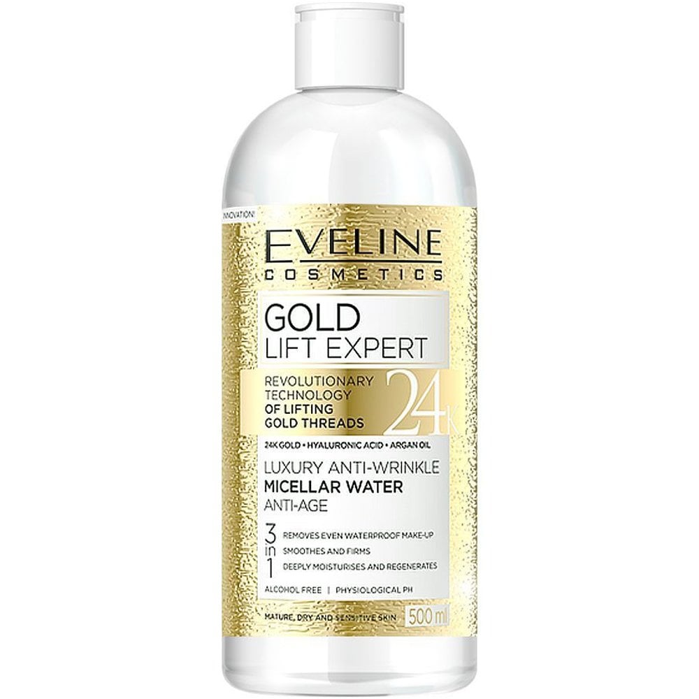 eveline-cosmetics-gold-lift-expert-3-in-1-luxury-anti-wrinkle-anti-age-moisturising-micellar-water-with-24k-gold-500ml-p21724-46858_image.jpg Eveline Cosmetics Gold Lift Expert Anti-Wrinkle Moisturising Micellar Water 500ml - Image 1