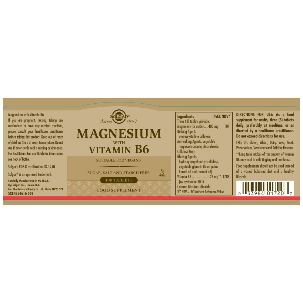 magnesium-with-vitamin-b6-100-tablets-p33032-93694_image.jpg Solgar Magnesium With Vitamin B6 100 Tablets - Image 1