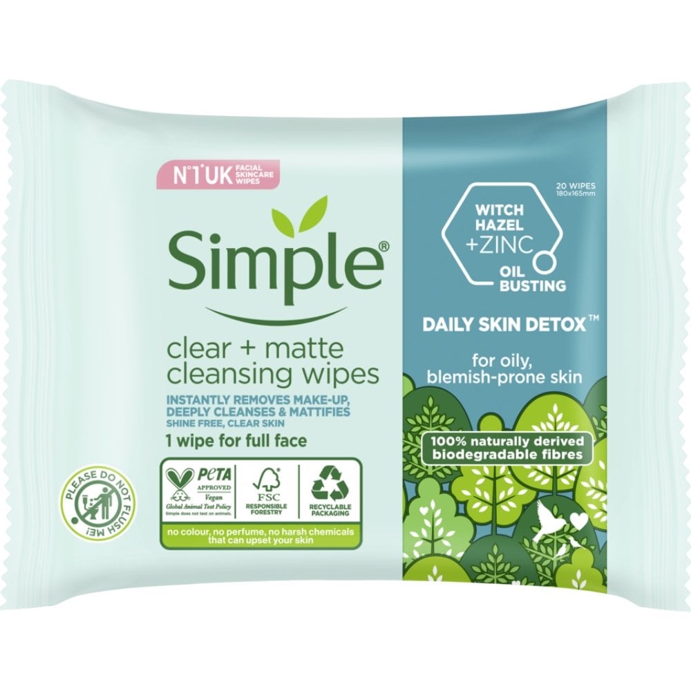 simple-daily-skin-detox-biodegradable-matte-wipes-with-thyme-witch-hazel-for-acne-prone-skin-pack-of-20-p33363-94748_image.jpg Simple Daily Skin Detox Biodegradable Matte Wipes Pack of 20 - Image 1