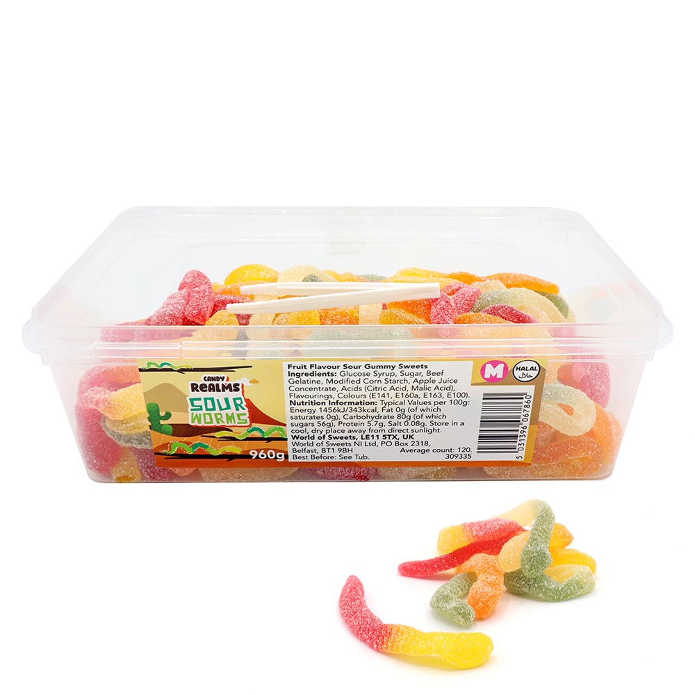 309335_candy_realms_sour_worms_a.jpg Candy Realms Sour Worms Tub 960g - Image 1