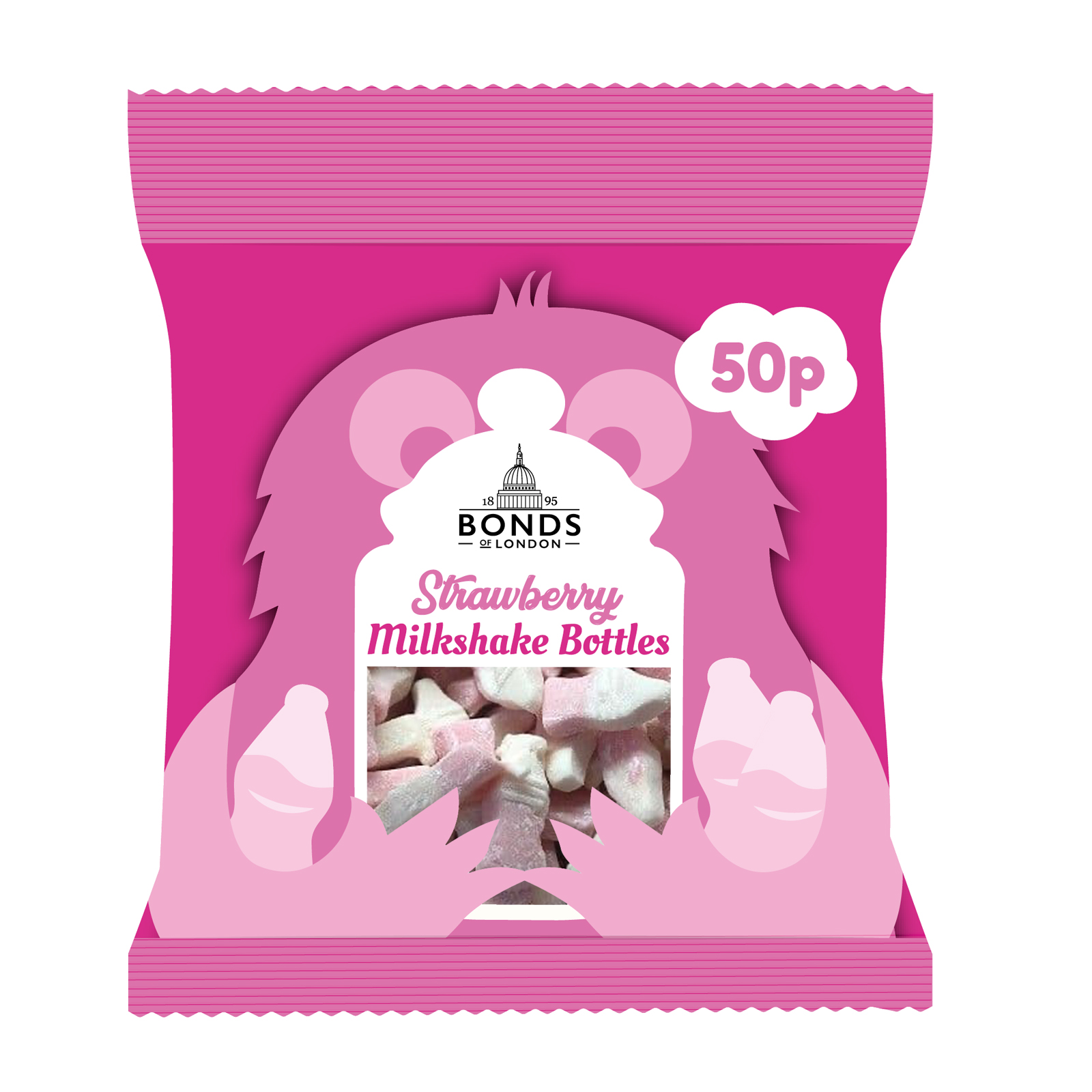 312095.jpg Bonds Strawberry Milkshake Bottles Treat Bags 50g - Image 1