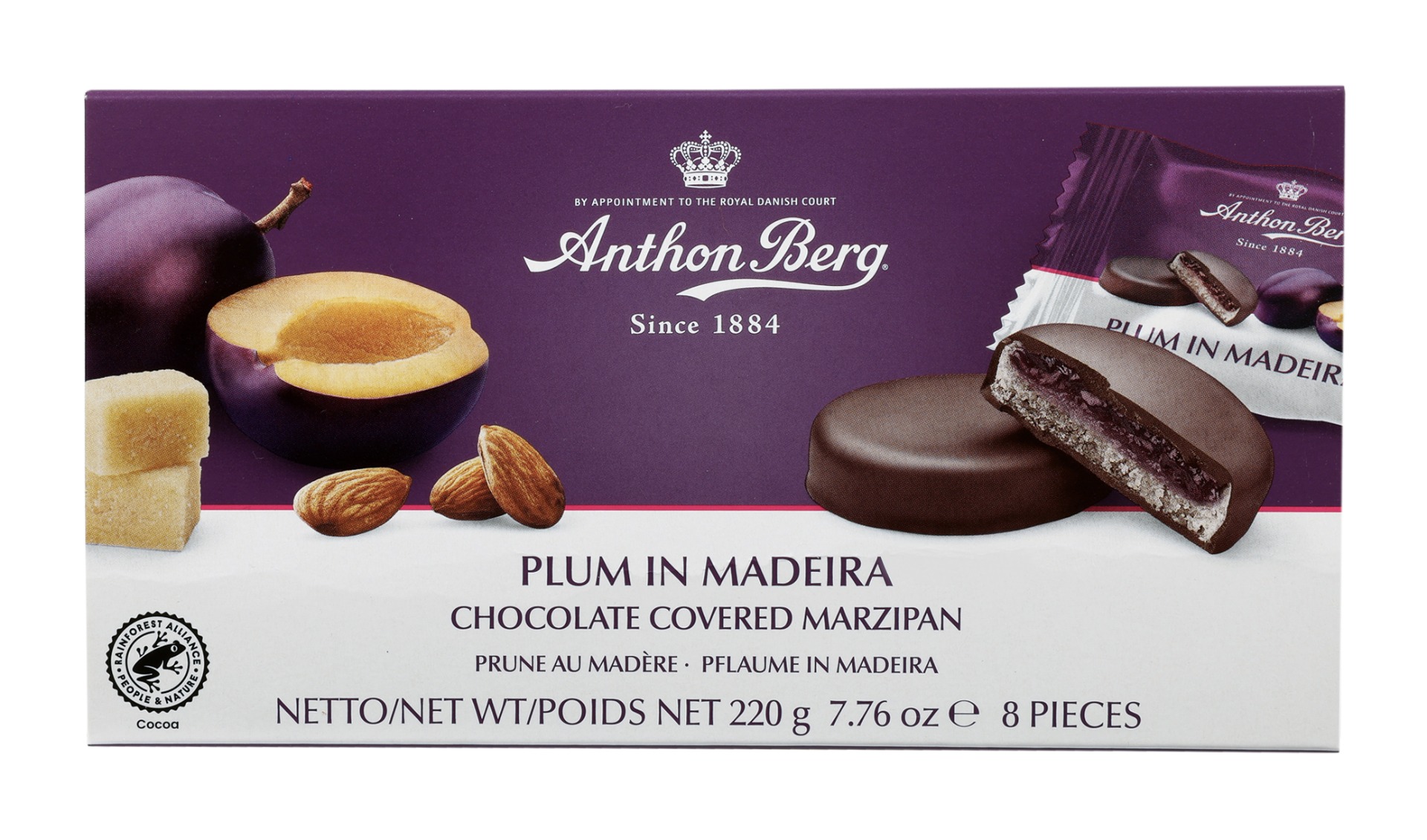 313744_-_984151_plum_in_madeira_12x220g_a.jpg Anthon Berg Plum in Madeira Chocolate Covered Marzipan 220g - Image 1