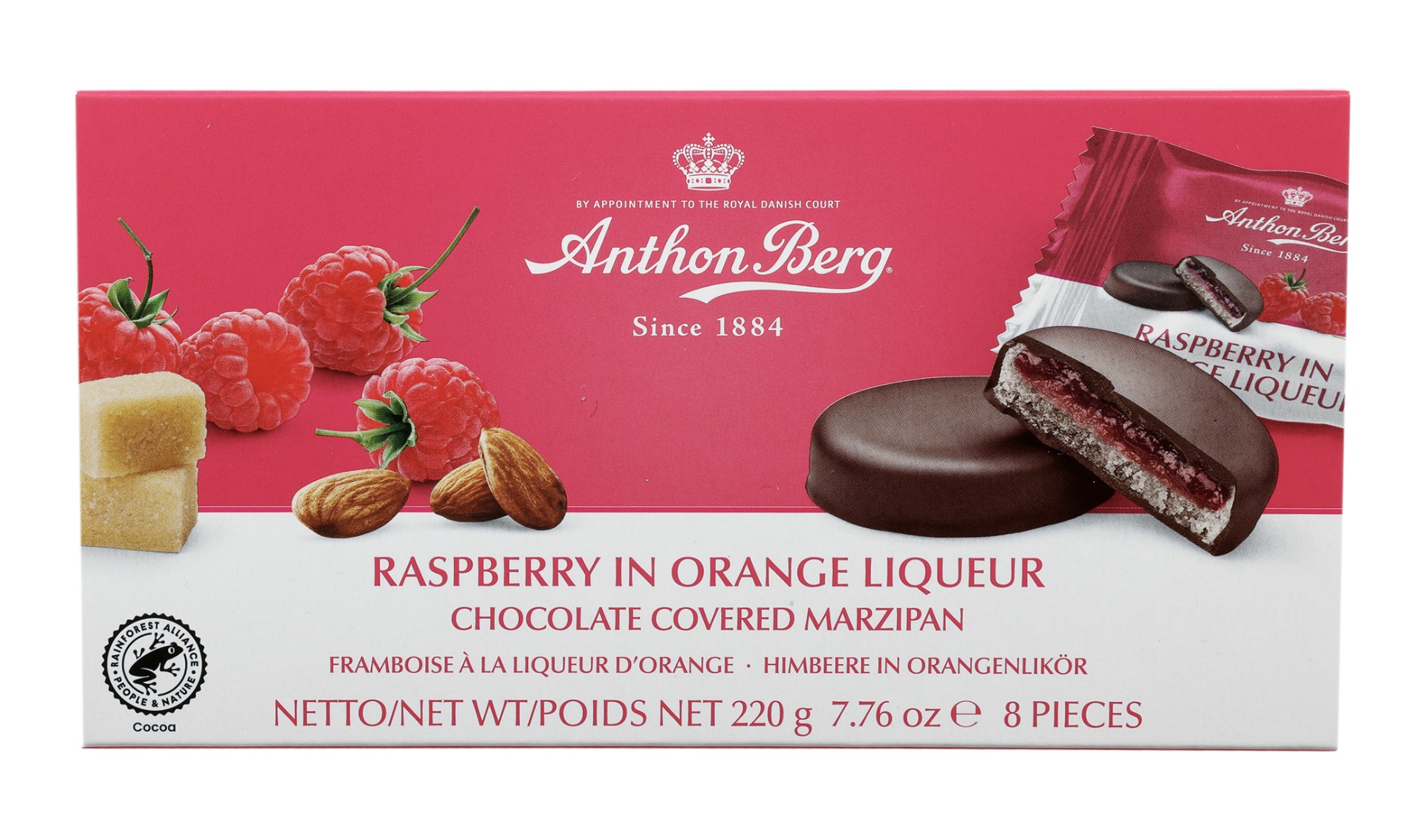 313748_-_989851_raspberry_in_orange_liqueur_12x220g_a.jpg Anthon Berg Raspberry In Orange Liqueur Chocolate Covered Marzipan 220g - Image 1