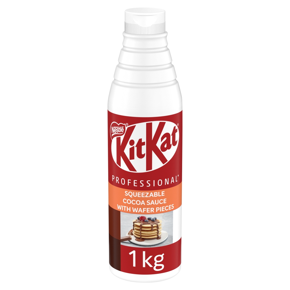 318506_kitkat_squeezy_sauce_a_.jpg KitKat Professional Squeezable Cocoa Sauce with Wafer Pieces Bottle 1kg - Image 1